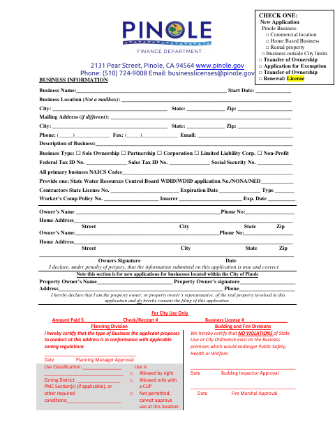 First page of the Business License Application