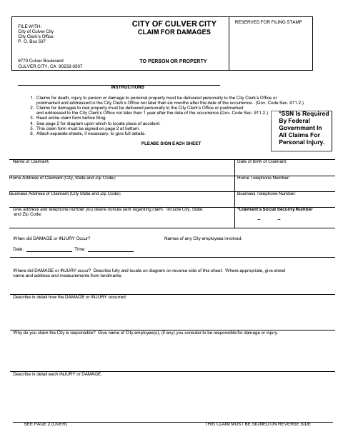First page of the Claim For Damages To Person Or Property