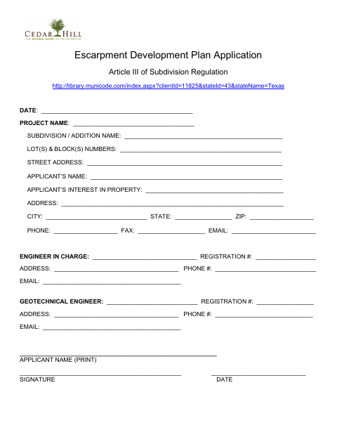 First page of the Escarpment Development Plan Application