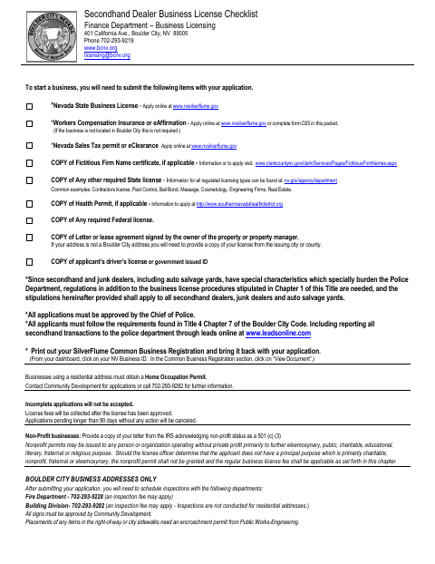 First page of the Secondhand Dealer Business License Application