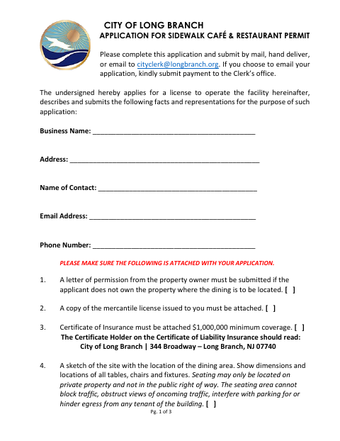 First page of the Sidewalk Café & Restaurant Permit Application