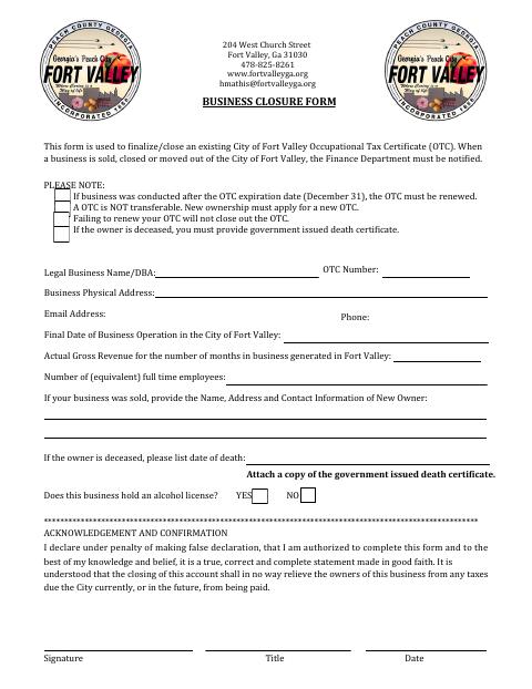 First page of the Business Closure Form