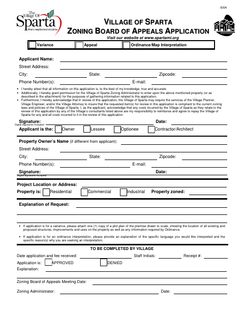 First page of the Zoning Board of Appeals Application