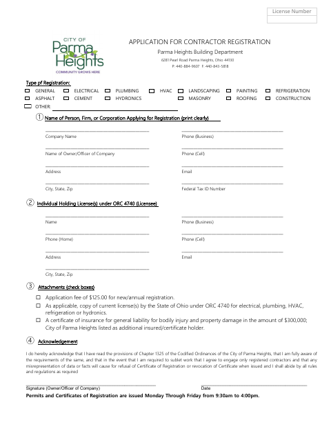 First page of the Application for Contractor Registration