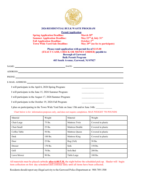 First page of the Residential Bulk Waste Program Permit Application