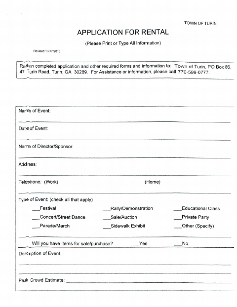 First page of the Town Hall Rental Application