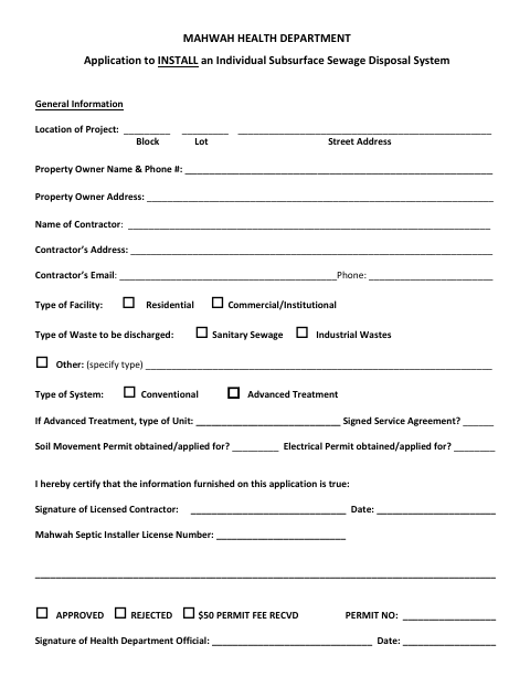First page of the Application to Install an Individual Subsurface Sewage Disposal System