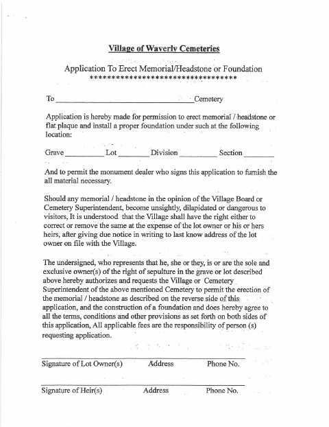 First page of the Cemetery Memorial or Headstone Application
