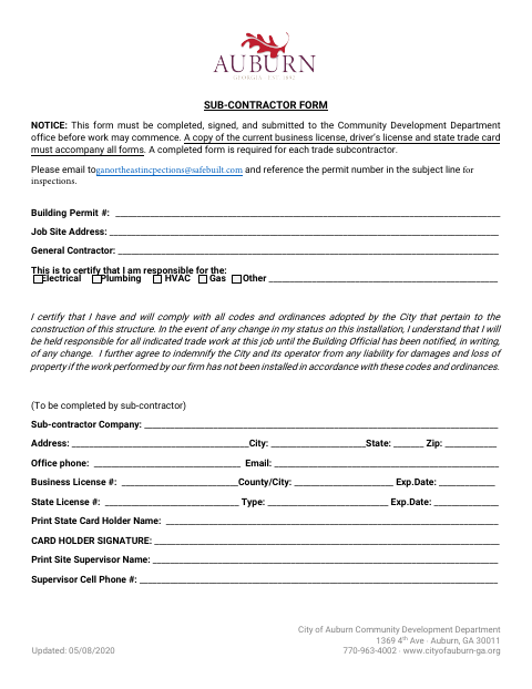 First page of the Sub-Contractor Form