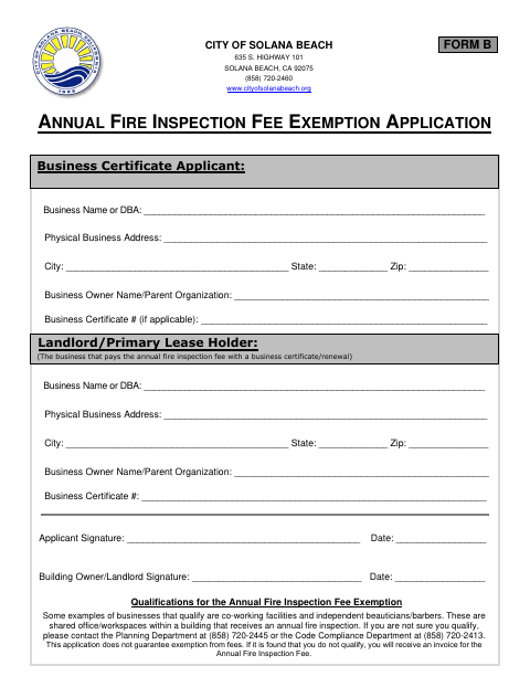 First page of the Form B Annual Fire Inspection Fee Exemption Application