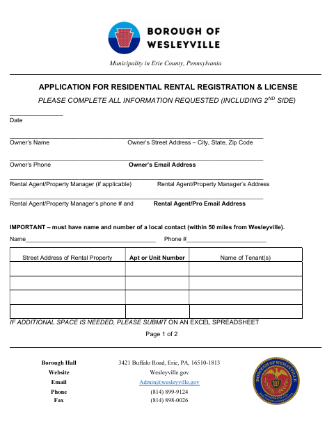First page of the Application for Residential Rental Registration & License