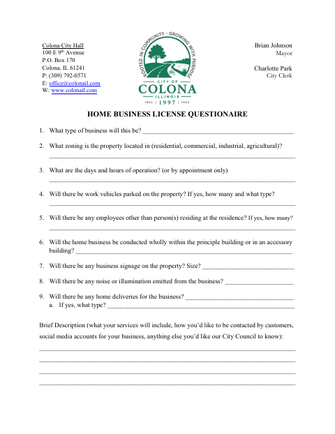 First page of the Home Business License Questionnaire