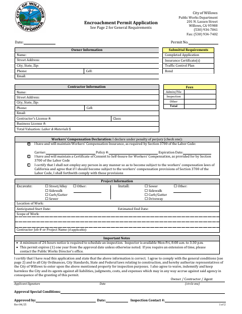 First page of the Encroachment Permit Application