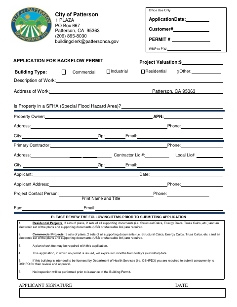 First page of the Backflow Permit Application