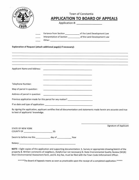 First page of the Application to Board of Appeals
