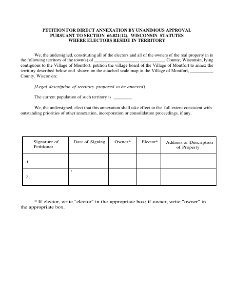 First page of the Petition for Direct Annexation by Unanimous Approval