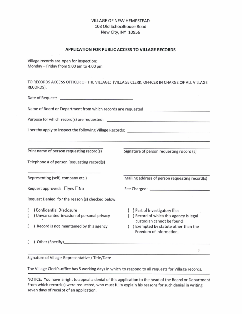 First page of the Application for Public Access to Village Records