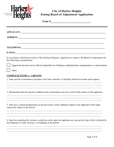 First page of the Zoning Board of Adjustment Application
