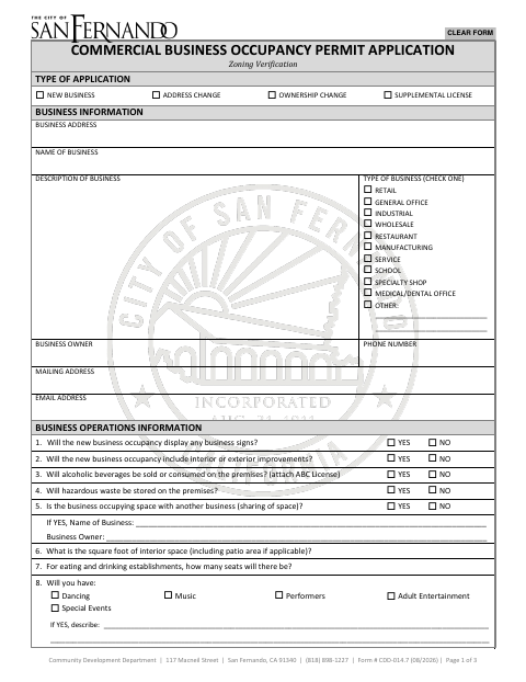 First page of the Commercial Business Occupancy Permit Application