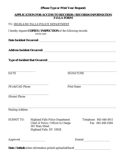 First page of the Application for Access to Records