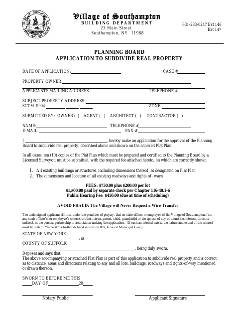 First page of the Planning Board Application to Subdivide Real Property