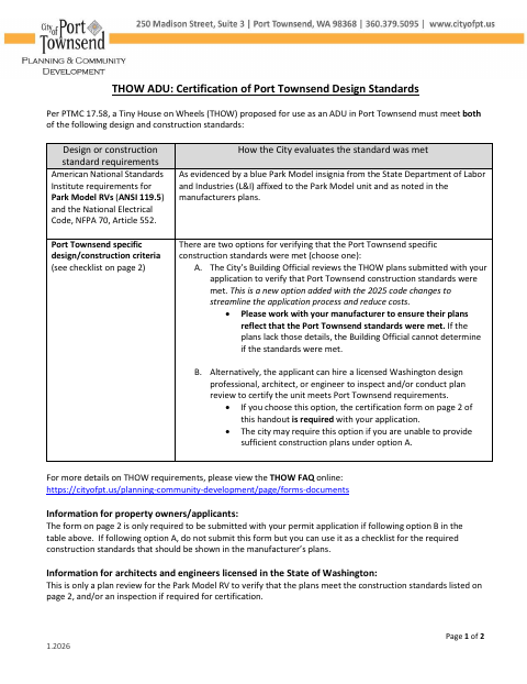 First page of the THOW ADU Plan Review Certification Form
