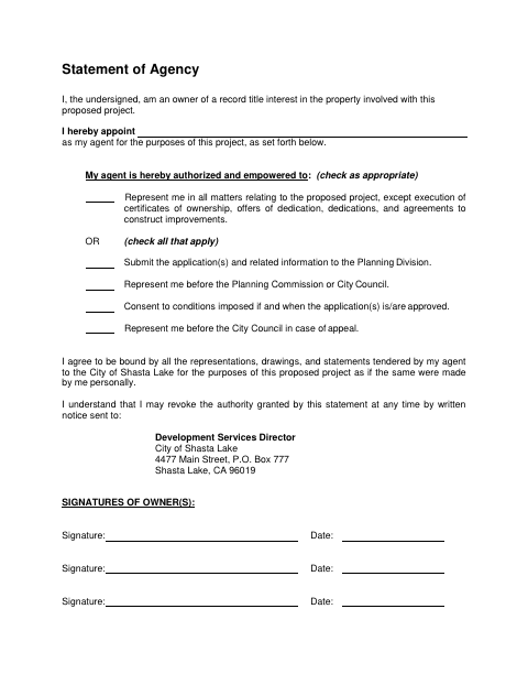 First page of the Statement of Agency