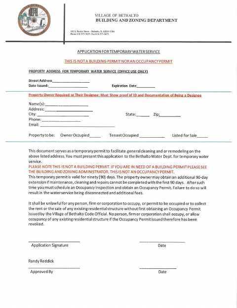 First page of the Temporary Water Service Application