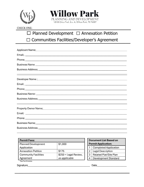 First page of the Annexation Petition / Planned Development / Community Facilities Agreement Cover Application