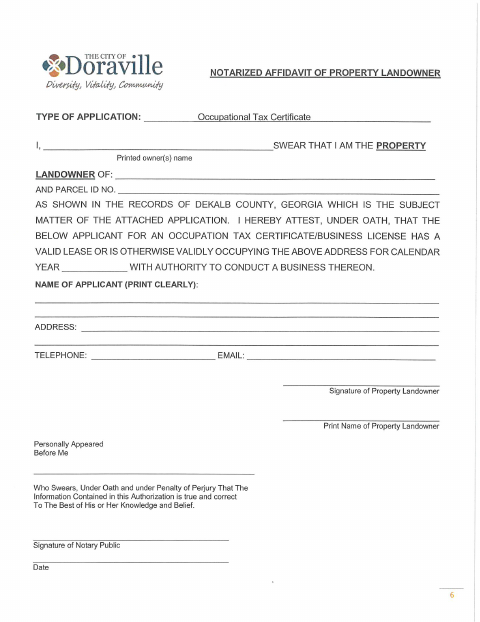 First page of the Property Landowner Affidavit for Occupational Tax Certificate