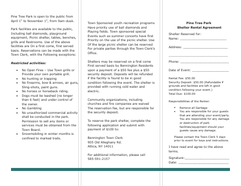 First page of the Pine Tree Park Shelter Rental Agreement