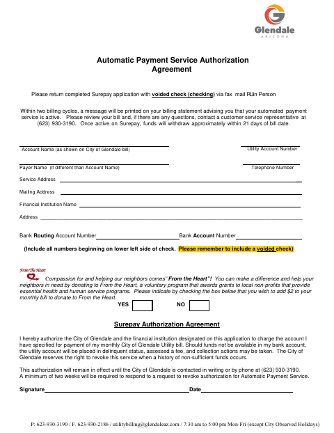 First page of the Automatic Payment Service Authorization Agreement