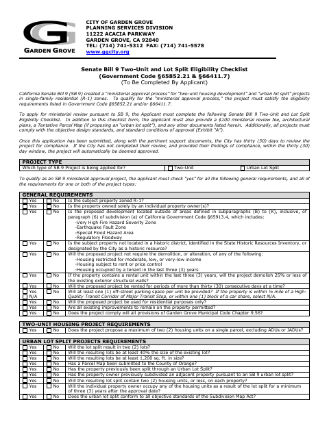 First page of the Senate Bill 9 Two-Unit and Lot Split Eligibility Checklist