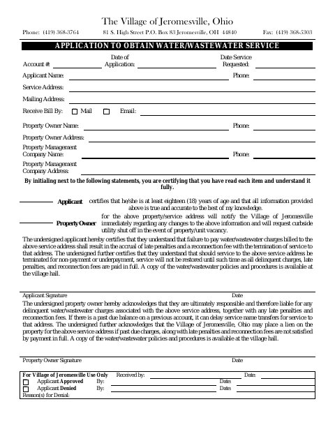 First page of the Application to Obtain Water and Wastewater Service