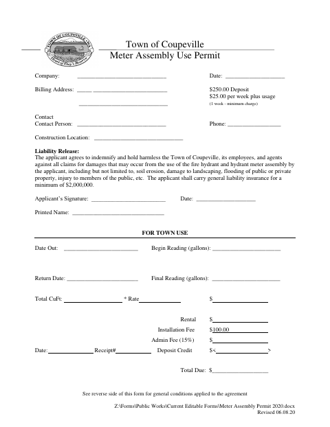 First page of the Meter Assembly Use Permit