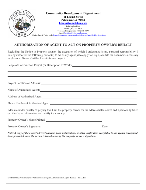 First page of the Authorization of Agent to Act on Property Owner’s Behalf