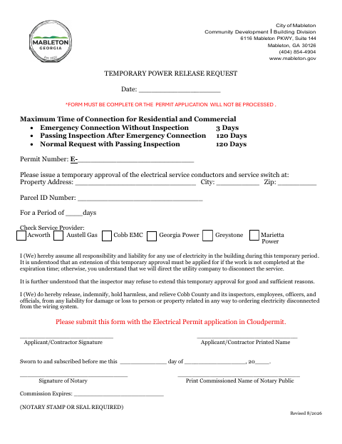 First page of the Temporary Power Release Request