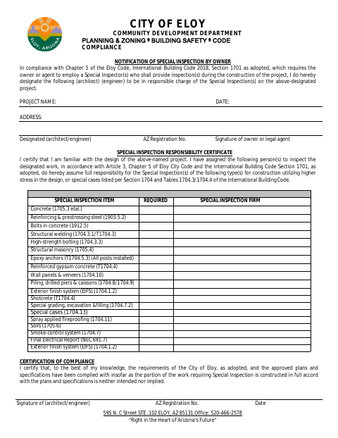 First page of the Notification of Special Inspection By Owner