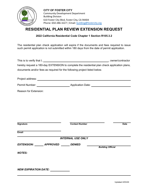 First page of the Residential Plan Review Extension Request