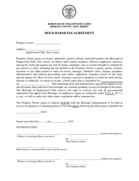 First page of the Hold Harmless Agreement for Block Party