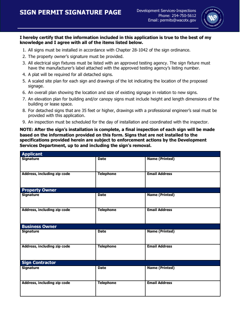 First page of the Sign Permit Signature Page