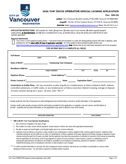 First page of the Tow Truck Operator Special License Application