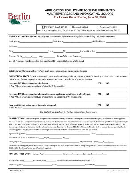 First page of the Application for License to Serve Fermented Malt Beverages and Intoxicating Liquors