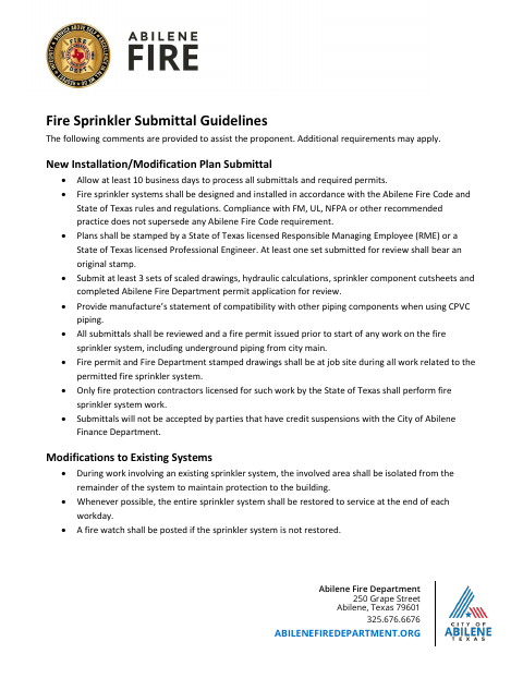 First page of the Fire Sprinkler/Standpipe Permit Submittal