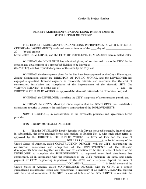 First page of the Deposit Agreement Guaranteeing Improvements With Letter of Credit