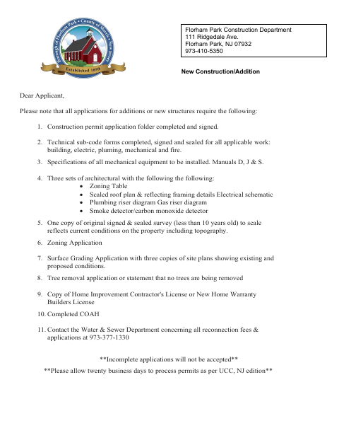 First page of the New Construction and Additions Application