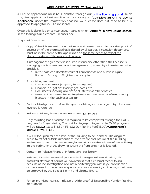 First page of the Partnership Liquor License Application