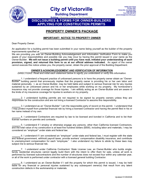 First page of the Property Owner Disclosure and Acknowledgement
