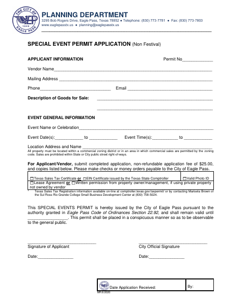 First page of the Special Event Permit Application (Non-Festival)