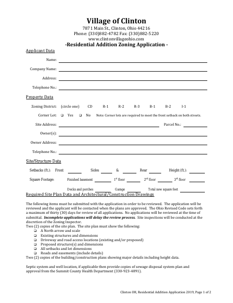 First page of the Residential Addition Zoning Application